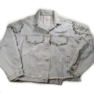 POL Studded Distressed Denim Jacket Women M Cropped Asymmetrical Raw Hem